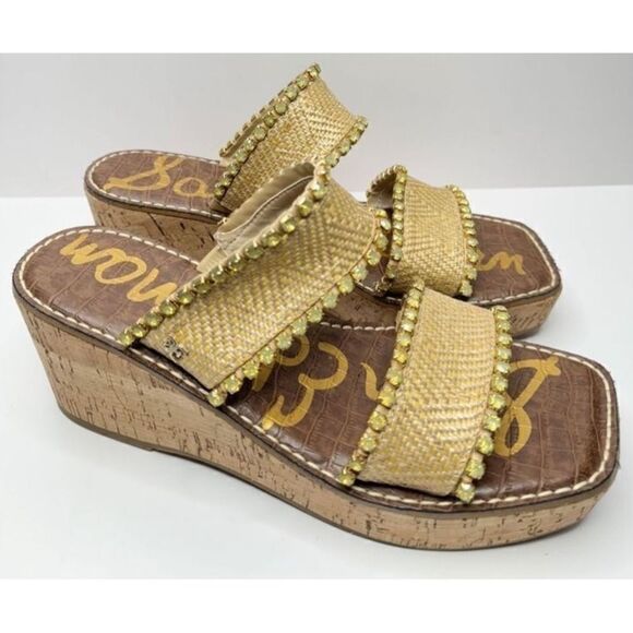 Sam Edelman Angelina Wedges Sandals Raffia Rhinestone Embellished Size 9.5 - Picture 2 of 7